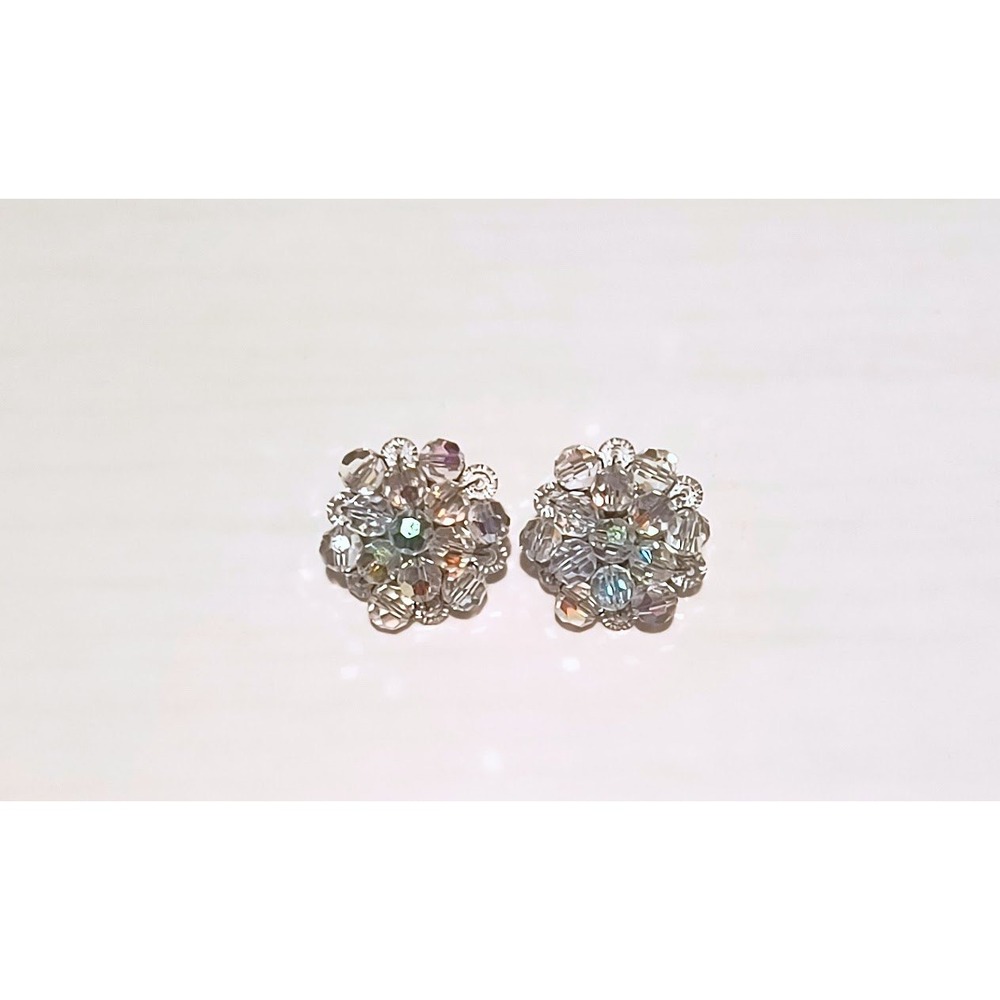 Vintage Aurora Borealis Crystal Cluster Clip On Earrings Silver Tone‎ Iridescent